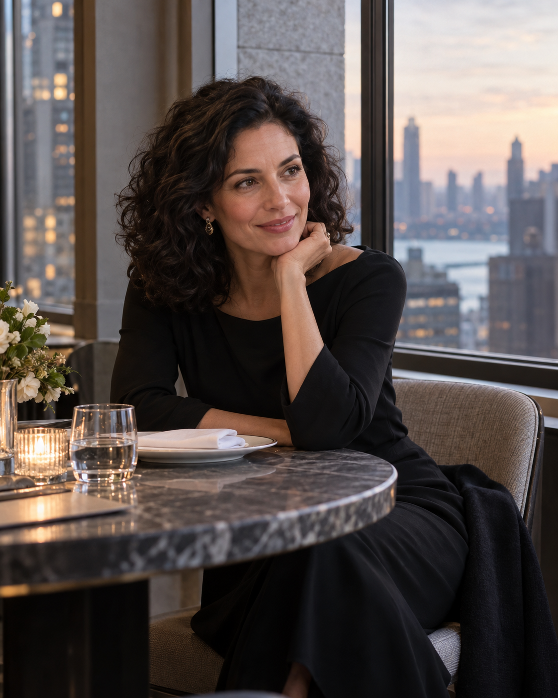Illustrative photograph of a woman in conversation at a Manhattan restaurant.