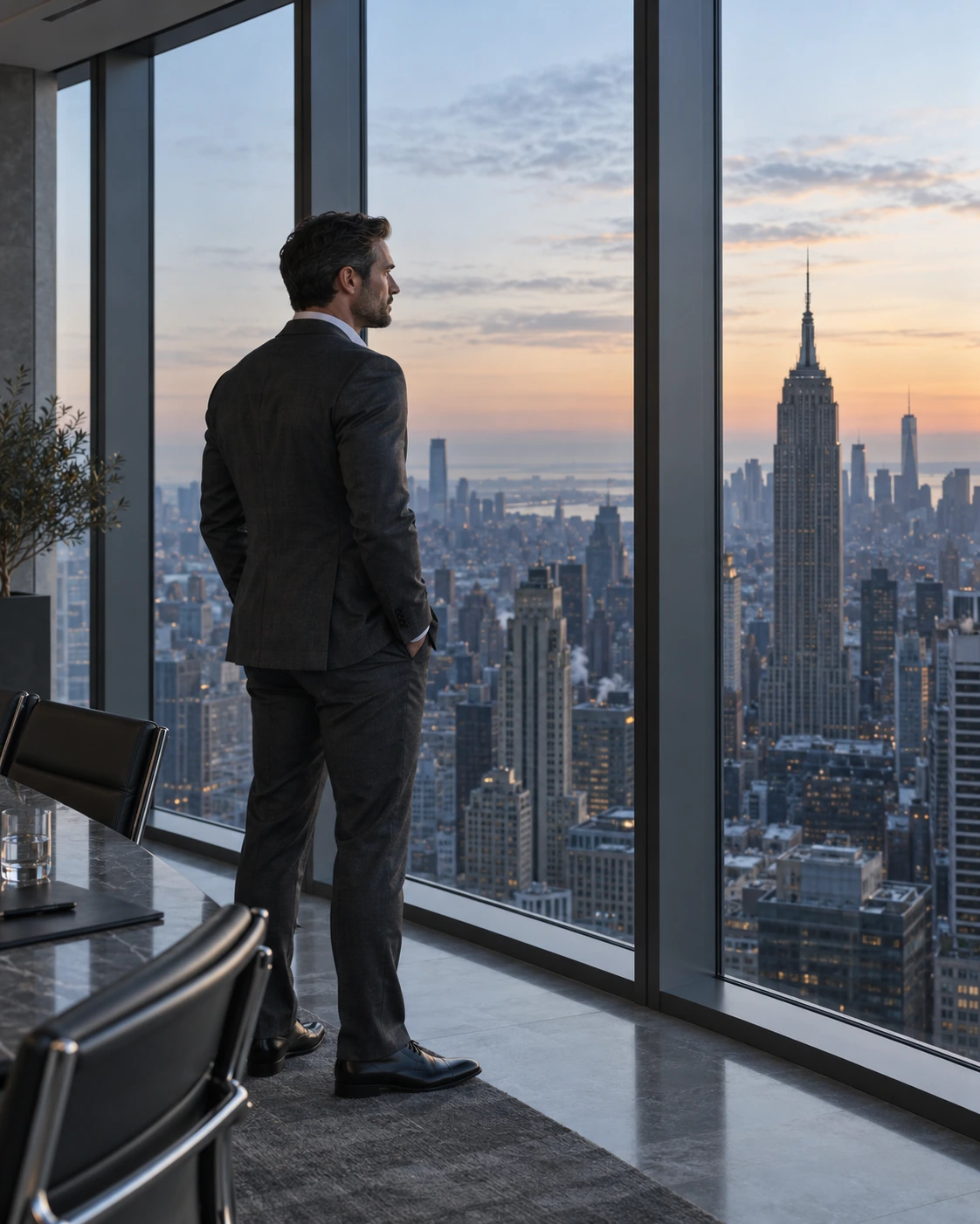 An illustrative portrait of a man in a charcoal suit looking over Manhattan from a boardroom window at dawn.