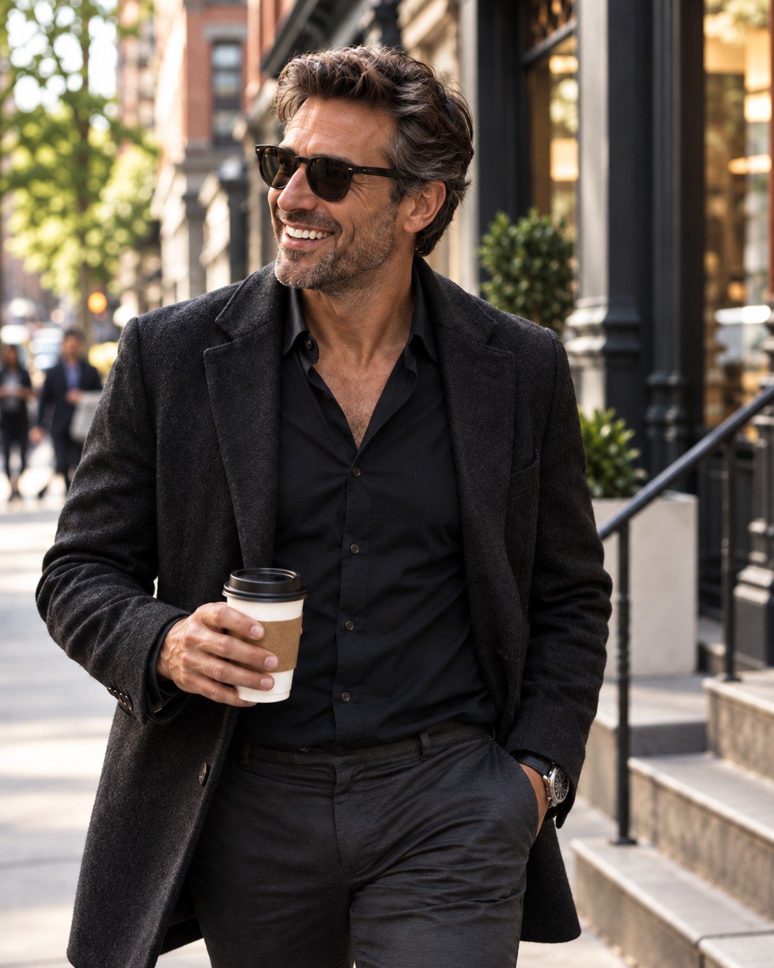 A smiling man in sunglasses and a dark coat, holding a coffee on a New York sidewalk.