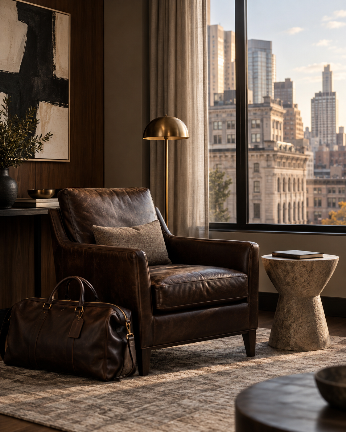 Illustrative travel scene in a refined city hotel lounge, with a leather weekender bag beside a lounge chair.